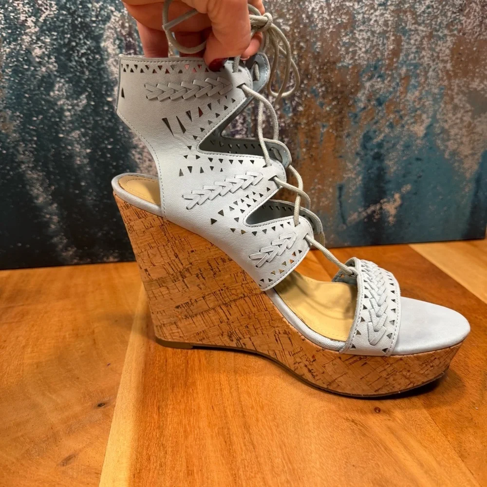 Marc Fisher Boho Chic Leather Lace-Up Cork Wedge Sandals – Light Blue (EUC)